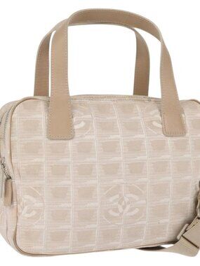 CHANEL New Travel Line Hand Bag Canvas Leather 2way Pink Gold CC Auth ep12659